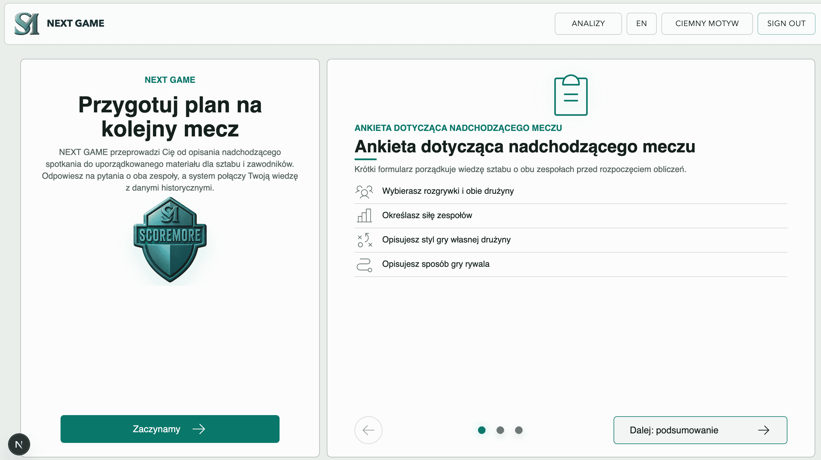 Ekran Kolejnego Meczu w ScoreMore — ankieta o drużynach przed przygotowaniem planu