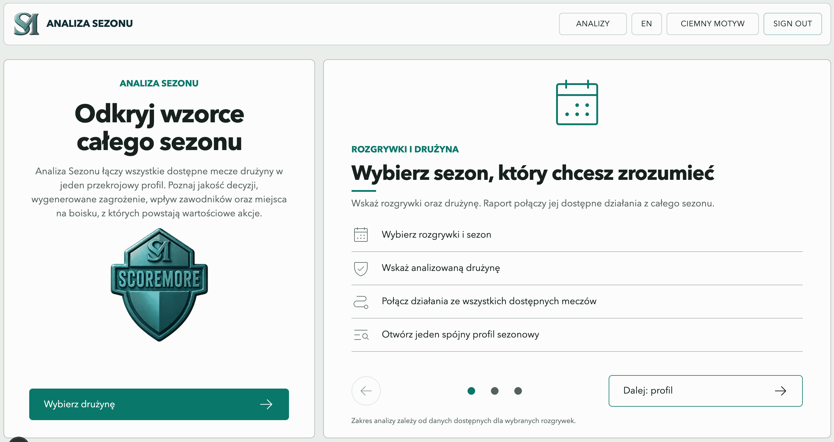 Ekran Analizy Sezonu w ScoreMore — wybór rozgrywek i drużyny